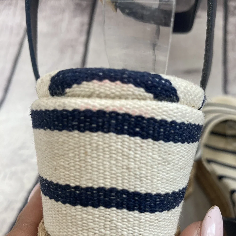 Tory Burch Sandal Women sz 10B Leather Striped Espadrille Blue Ivory Ankle Strap